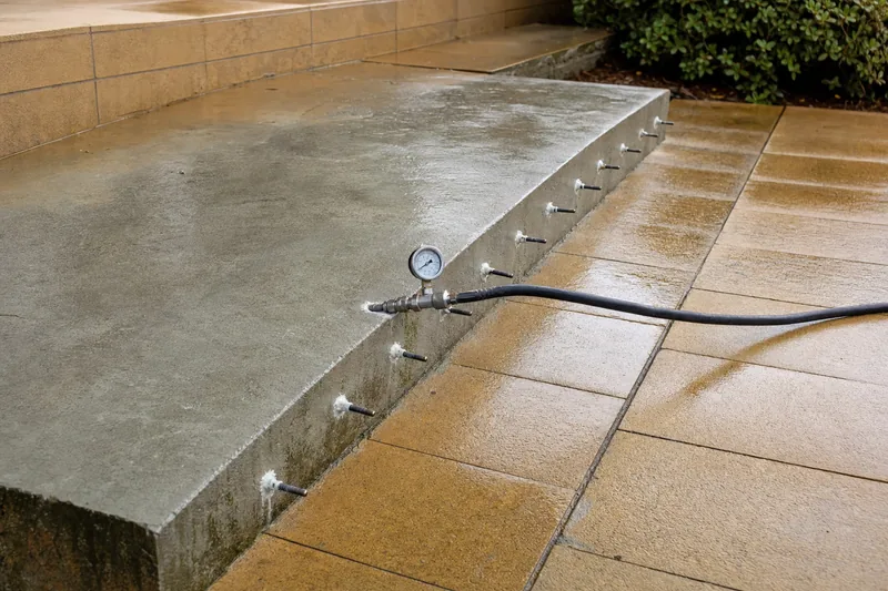 A row of drilled injection ports along a concrete slab edge, with a hose and pressure gauge attached to one — resin injection, Sydney. Illustrative example.
