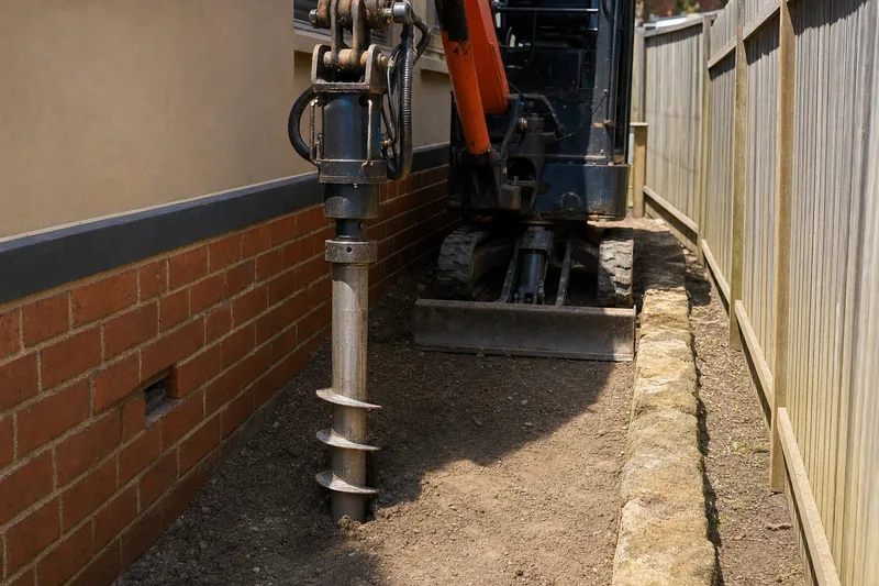A steel screw pile with helical flights standing beside a brick wall base, with a drive head above it on a compact excavator — screw piles, Sydney. Illustrative example.