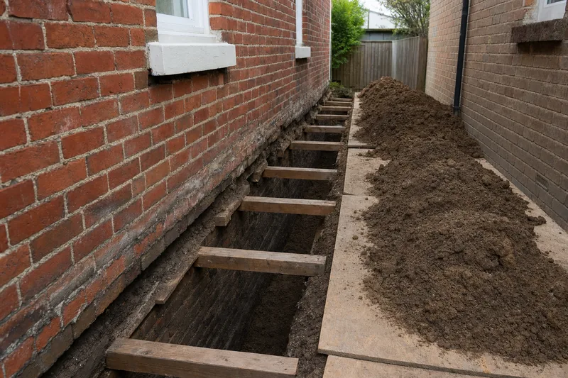 A trench along the base of a brick house wall with timber props across it and spoil heaped on plywood beside it — underpinning, Sydney. Illustrative example.