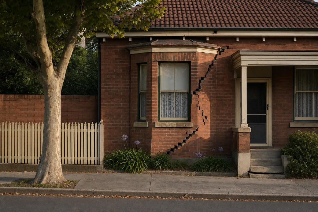 A red-brick cottage wall with a wide stair-step crack running down through a bay window, beside a level picket fence — underpinning, Sydney. Illustrative example.