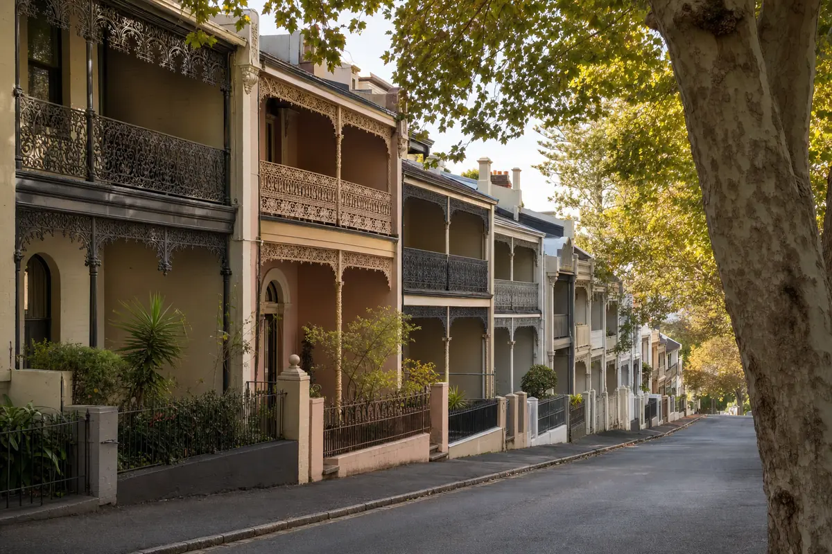 A street of two-storey terrace houses with iron lacework balconies stepping down a gentle slope — underpinning, Sydney. Illustrative example.